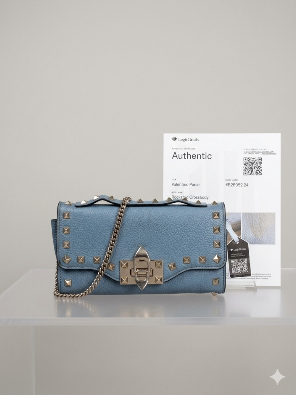 Valentino Garavani Rockstud Crossbody Bag Grained Blue Leather - Authentic